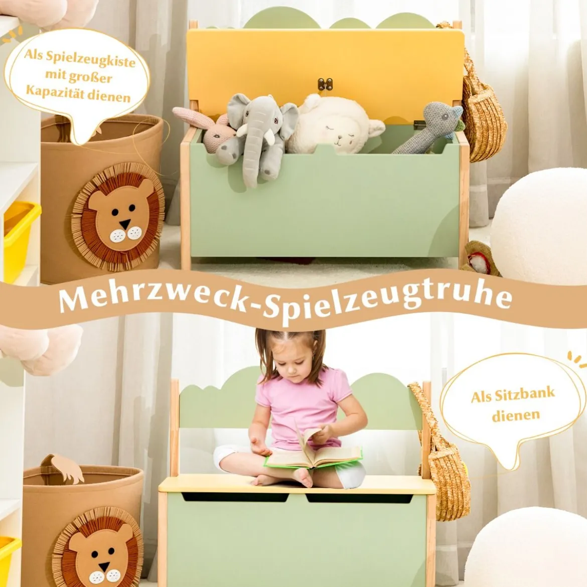 2 in 1 Spielzeugschrank und Sitzbank mit Rücklehne Spielzeugkiste Spielzeugtruhe grün 60 x 26 x 50cm