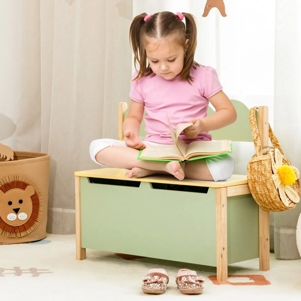 2 in 1 Spielzeugschrank und Sitzbank mit Rücklehne Spielzeugkiste Spielzeugtruhe grün 60 x 26 x 50cm