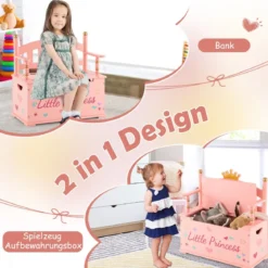 2 in 1 Spielzeugtruhe & Sitzbank für Kinder Aufbewahrungsruhe mit Sicherheitsscharnier
