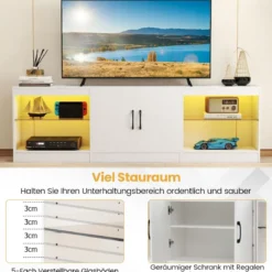 3 in 1 TV-Schrank für Fernseher bis zu 85 Zoll Lowboard mit LED Beleuchtung & Verstellbaren Glasregalen Weiß