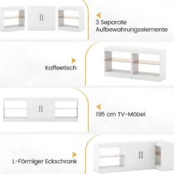 3 in 1 TV-Schrank für Fernseher bis zu 85 Zoll Lowboard mit LED Beleuchtung & Verstellbaren Glasregalen Weiß
