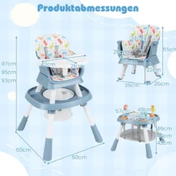 16-in-1 Umwandelbarer Hochstuhl mit Abnehmbarem Tablett & 5-Punkt-Gurt Kindertisch- & Stuhlset Blau
