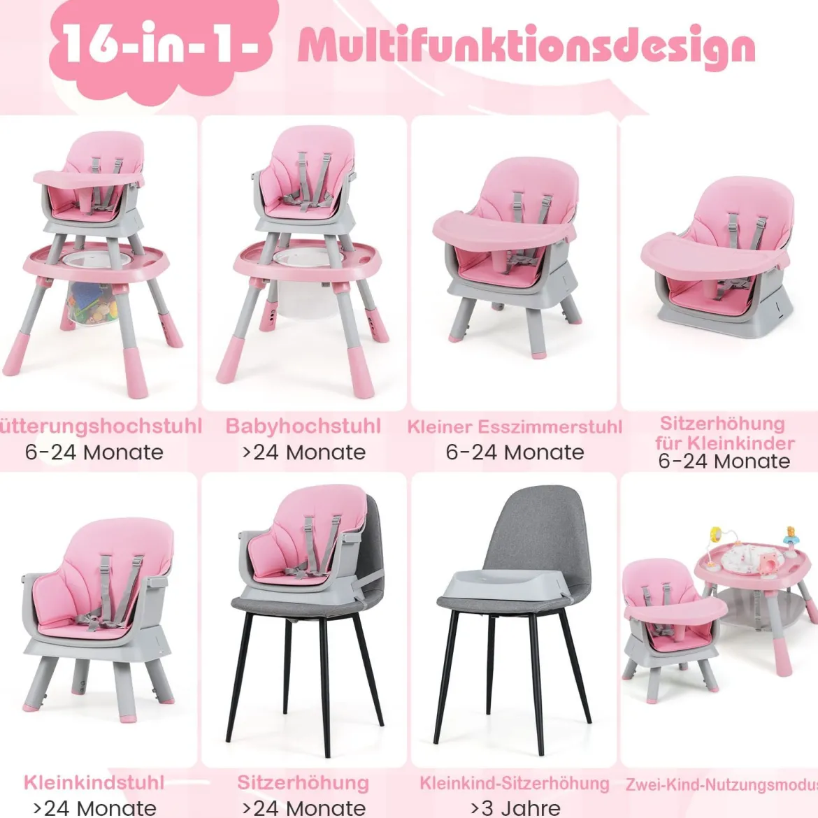 16-in-1 Umwandelbarer Hochstuhl mit Abnehmbarem Tablett & 5-Punkt-Gurt Kindertisch- & Stuhlset Rosa