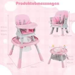 16-in-1 Umwandelbarer Hochstuhl mit Abnehmbarem Tablett & 5-Punkt-Gurt Kindertisch- & Stuhlset Rosa