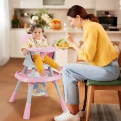 16-in-1 Umwandelbarer Hochstuhl mit Abnehmbarem Tablett & 5-Punkt-Gurt Kindertisch- & Stuhlset Rosa