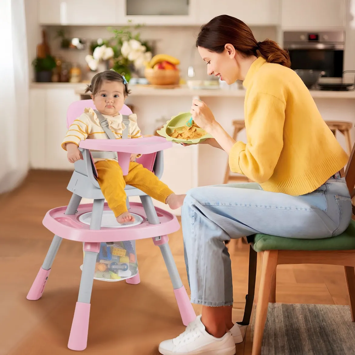 16-in-1 Umwandelbarer Hochstuhl mit Abnehmbarem Tablett & 5-Punkt-Gurt Kindertisch- & Stuhlset Rosa