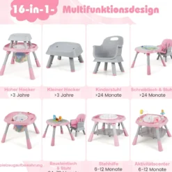 16-in-1 Umwandelbarer Hochstuhl mit Abnehmbarem Tablett & 5-Punkt-Gurt Kindertisch- & Stuhlset Rosa
