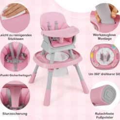 16-in-1 Umwandelbarer Hochstuhl mit Abnehmbarem Tablett & 5-Punkt-Gurt Kindertisch- & Stuhlset Rosa