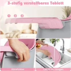 16-in-1 Umwandelbarer Hochstuhl mit Abnehmbarem Tablett & 5-Punkt-Gurt Kindertisch- & Stuhlset Rosa