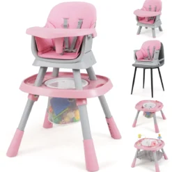 16-in-1 Umwandelbarer Hochstuhl mit Abnehmbarem Tablett & 5-Punkt-Gurt Kindertisch- & Stuhlset Rosa
