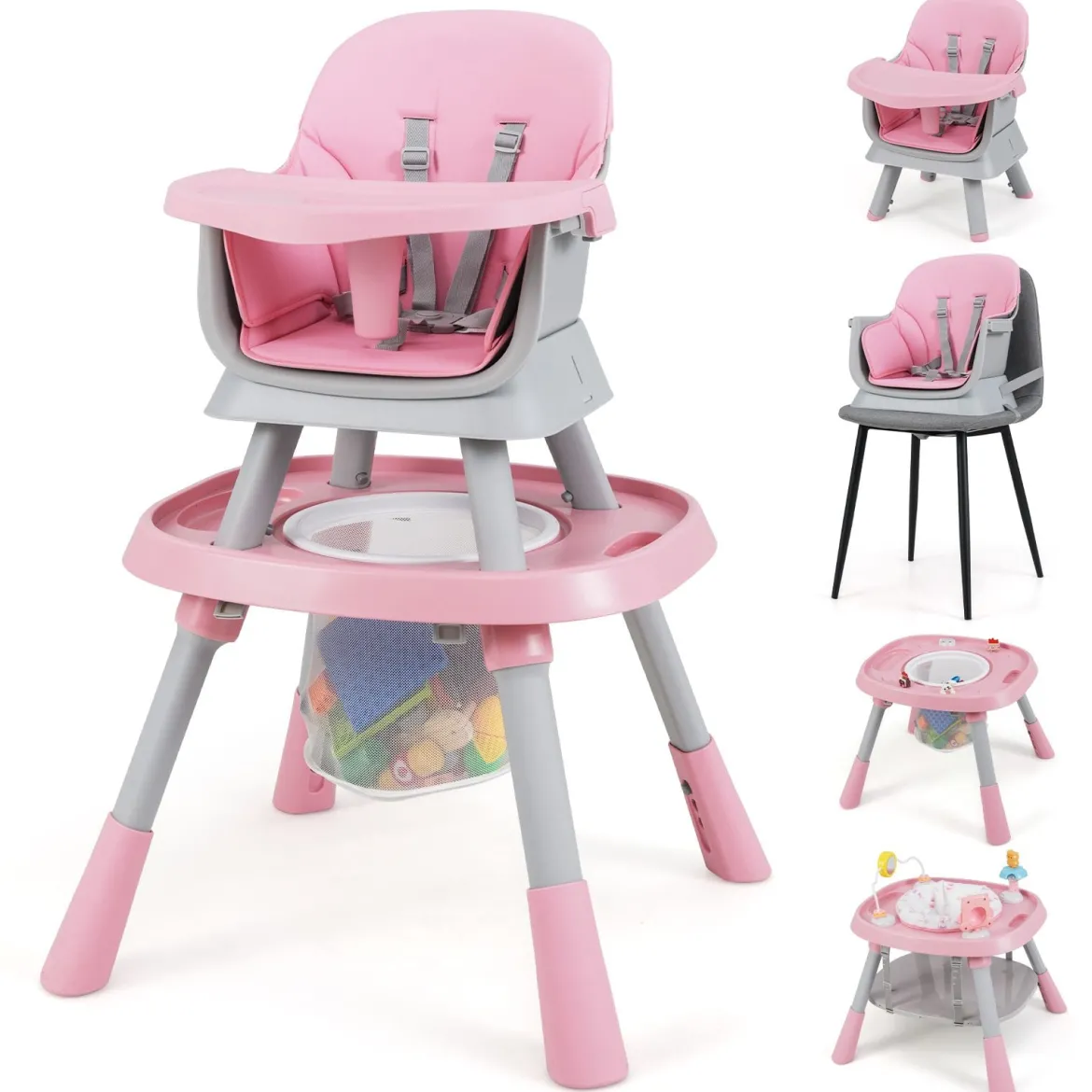 16-in-1 Umwandelbarer Hochstuhl mit Abnehmbarem Tablett & 5-Punkt-Gurt Kindertisch- & Stuhlset Rosa