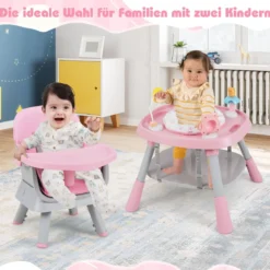 16-in-1 Umwandelbarer Hochstuhl mit Abnehmbarem Tablett & 5-Punkt-Gurt Kindertisch- & Stuhlset Rosa