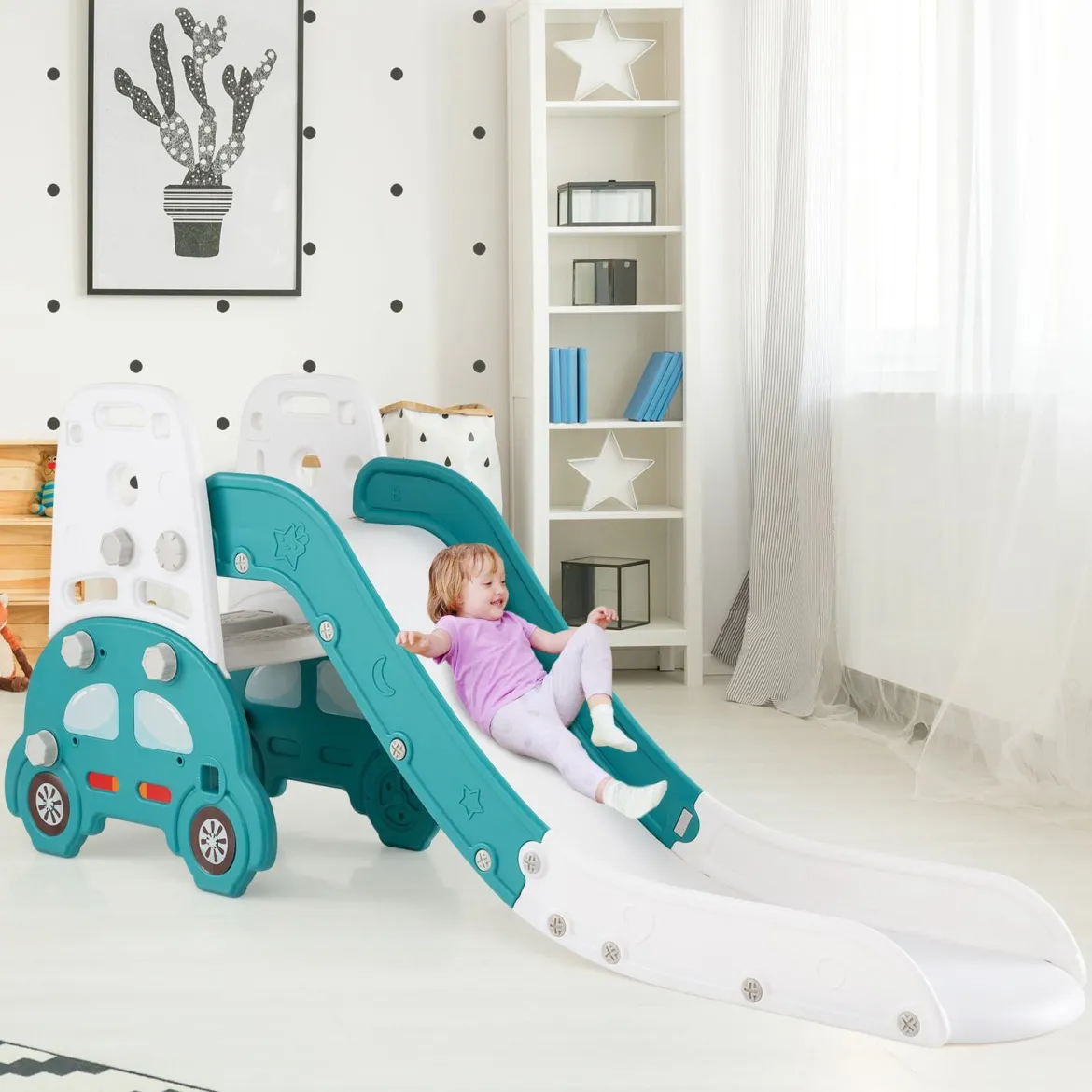 5 in 1 Wandelbare Kinderrutsche als Hocker & Bücherregal Beidseitiges Whiteboard & Bauplatte
