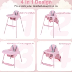 4-in-1 wandelbarer Hochstuhl für Babys Babyhochstuhl mit 2 Höhen Kinderstuhl Rosa