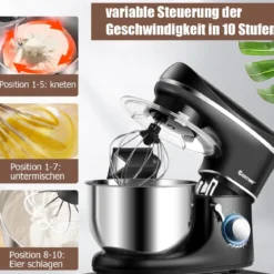 3 in 1 1300W Elektrischer Standmixer Rührmaschine 5,5L Küchenmaschine mit 10-stufigen Geschwindigkeit Schwarz