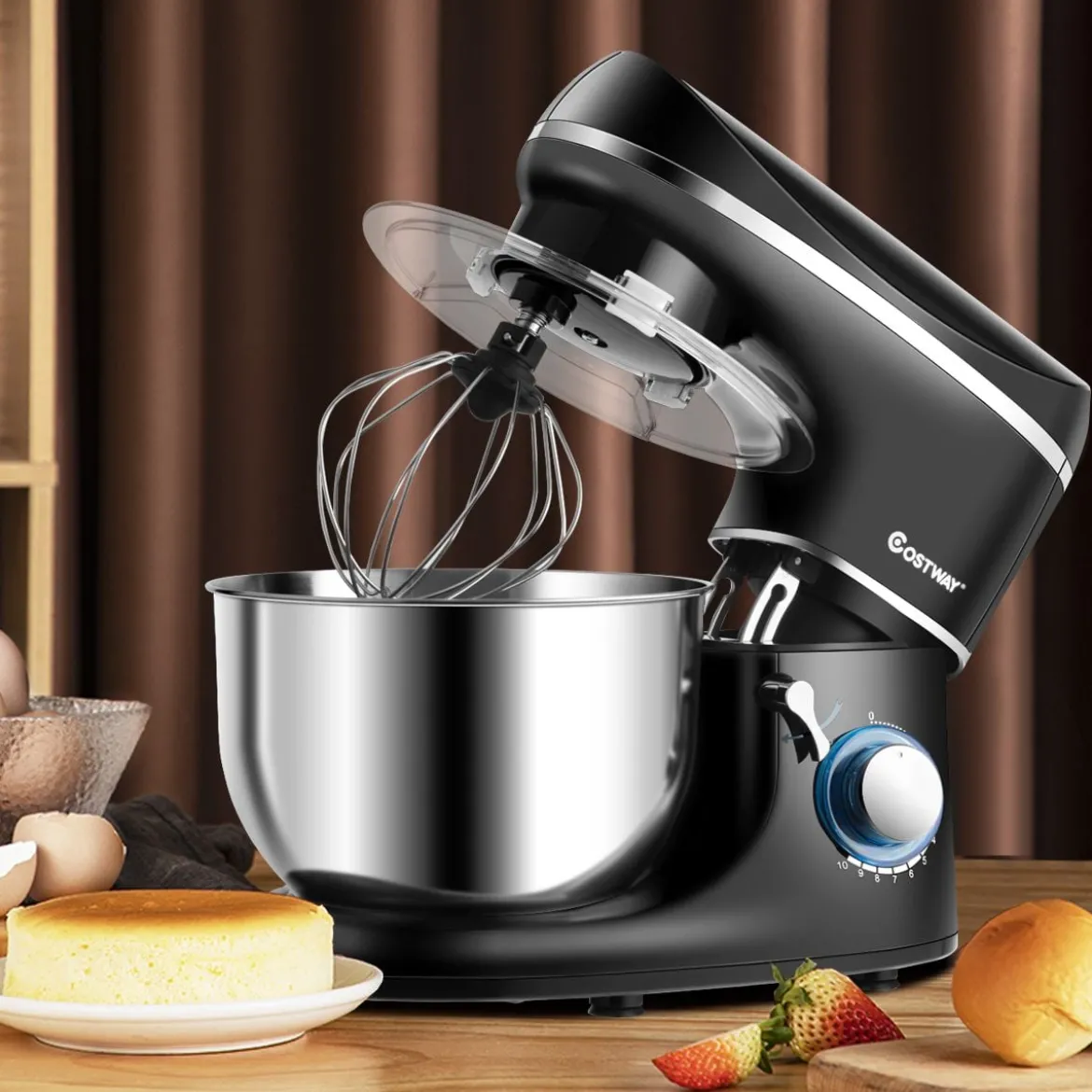 3 in 1 1300W Elektrischer Standmixer Rührmaschine 5,5L Küchenmaschine mit 10-stufigen Geschwindigkeit Schwarz