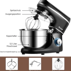 3 in 1 1300W Elektrischer Standmixer Rührmaschine 5,5L Küchenmaschine mit 10-stufigen Geschwindigkeit Schwarz