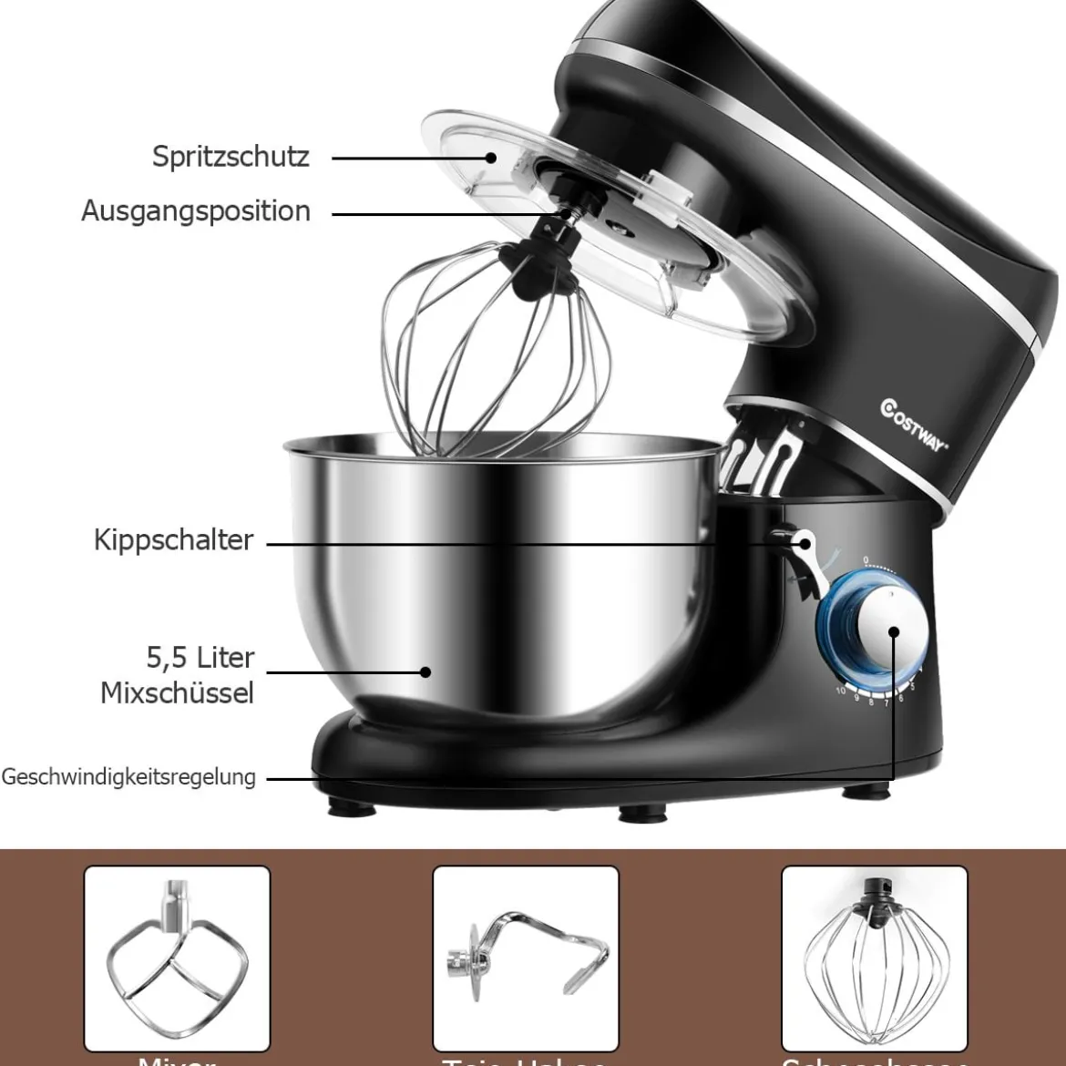 3 in 1 1300W Elektrischer Standmixer Rührmaschine 5,5L Küchenmaschine mit 10-stufigen Geschwindigkeit Schwarz