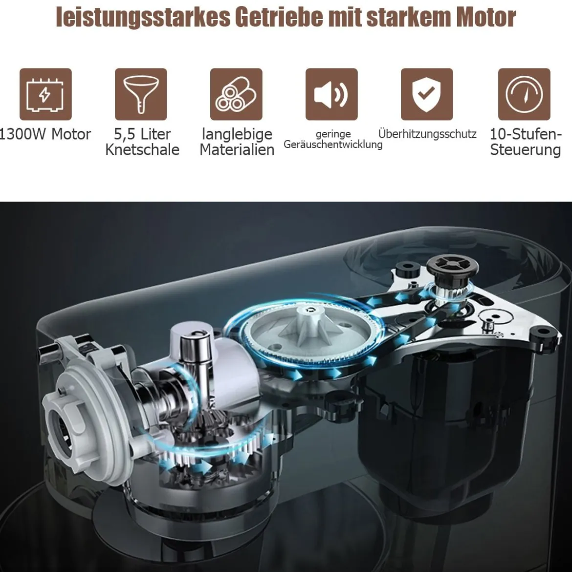 3 in 1 1300W Elektrischer Standmixer Rührmaschine 5,5L Küchenmaschine mit 10-stufigen Geschwindigkeit Schwarz