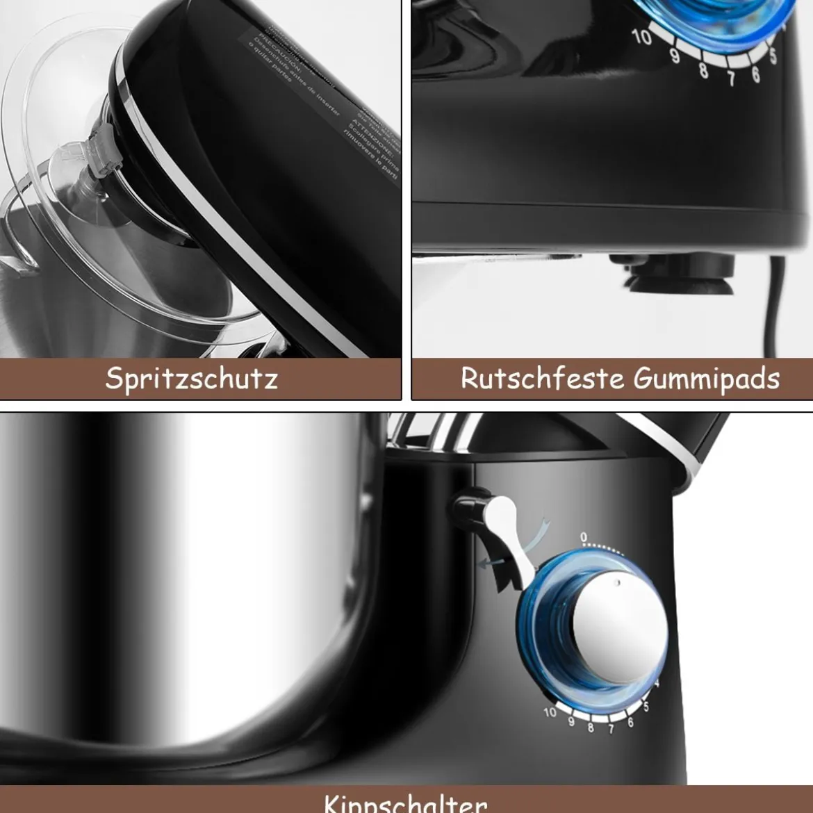 3 in 1 1300W Elektrischer Standmixer Rührmaschine 5,5L Küchenmaschine mit 10-stufigen Geschwindigkeit Schwarz