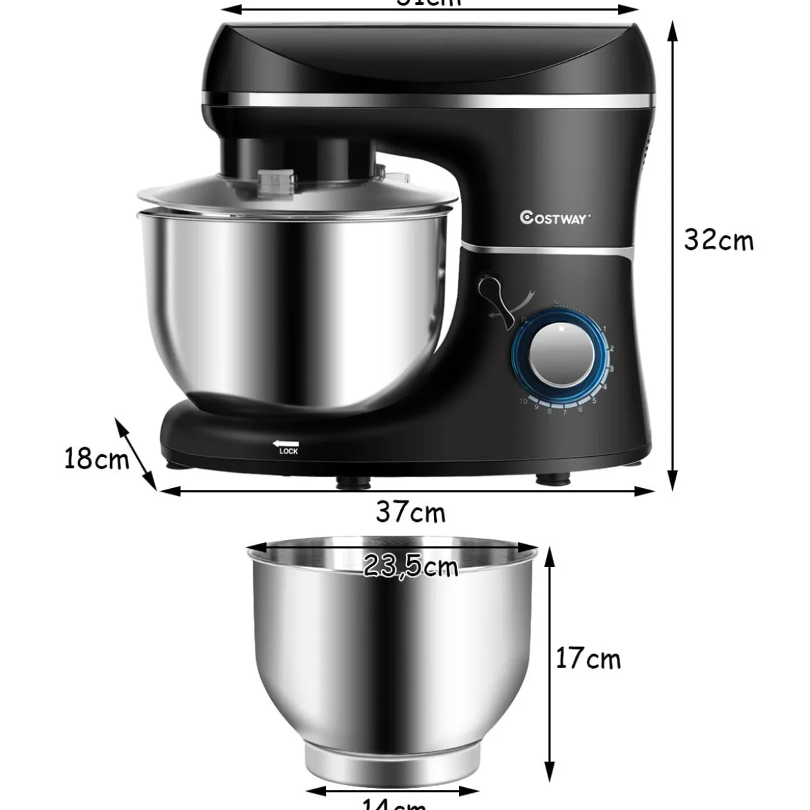 3 in 1 1300W Elektrischer Standmixer Rührmaschine 5,5L Küchenmaschine mit 10-stufigen Geschwindigkeit Schwarz