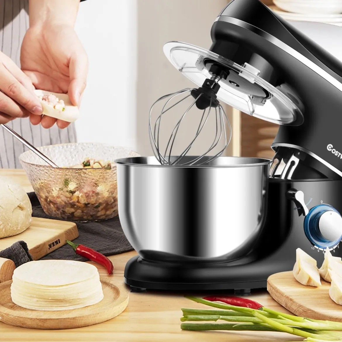 3 in 1 1300W Elektrischer Standmixer Rührmaschine 5,5L Küchenmaschine mit 10-stufigen Geschwindigkeit Schwarz