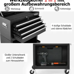 2 in 1 Werkstattwagen mit Koffer & 9 Fächer & Haken Abschließbare Werkzeugwagen auf Rädern Schwarz