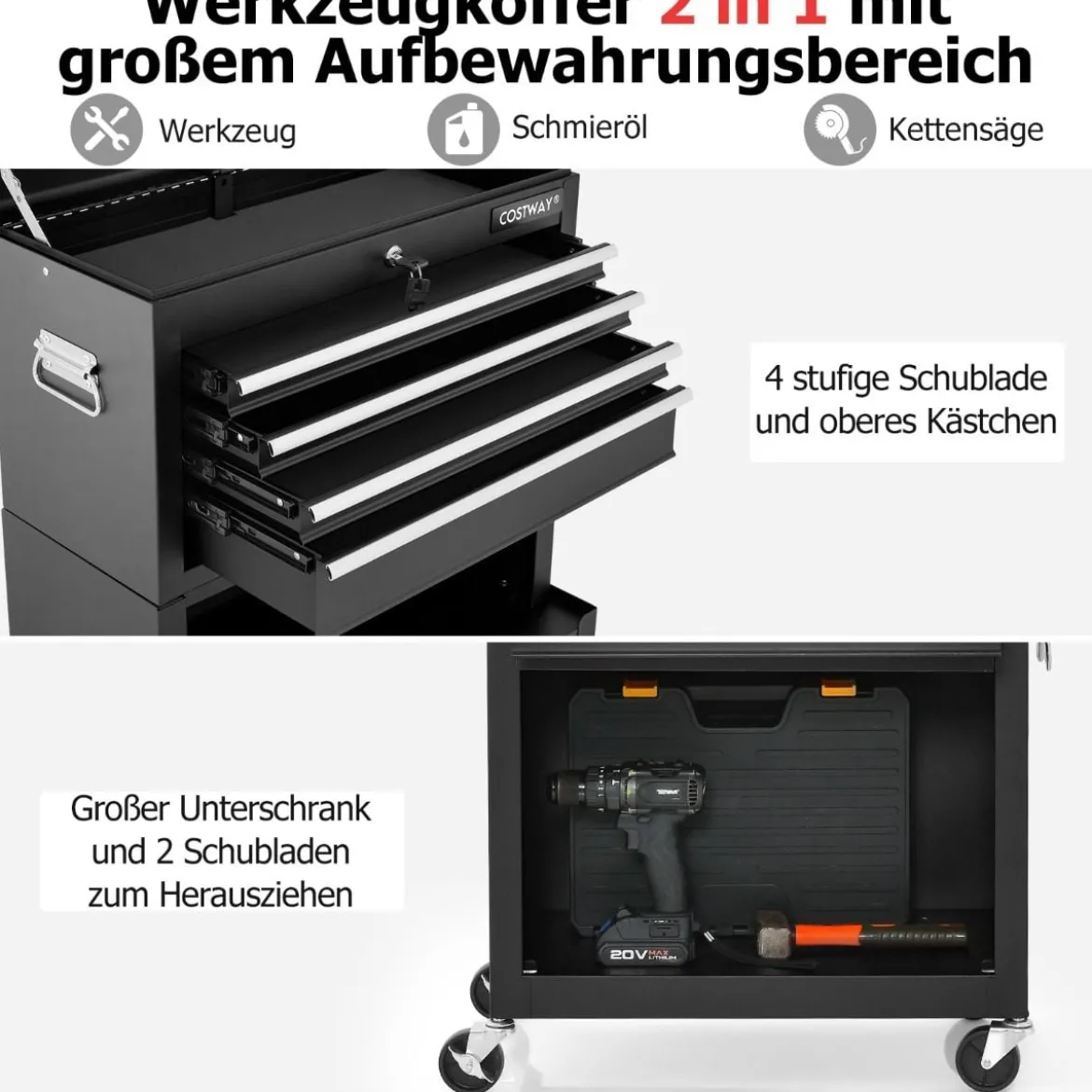 2 in 1 Werkstattwagen mit Koffer & 9 Fächer & Haken Abschließbare Werkzeugwagen auf Rädern Schwarz