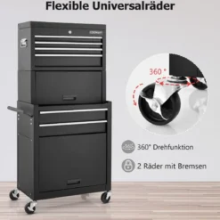 2 in 1 Werkstattwagen mit Koffer & 9 Fächer & Haken Abschließbare Werkzeugwagen auf Rädern Schwarz
