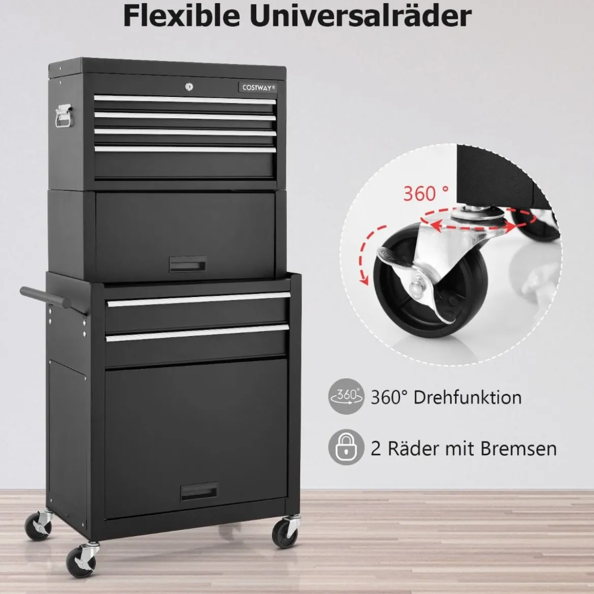 2 in 1 Werkstattwagen mit Koffer & 9 Fächer & Haken Abschließbare Werkzeugwagen auf Rädern Schwarz