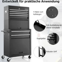 2 in 1 Werkstattwagen mit Koffer & 9 Fächer & Haken Abschließbare Werkzeugwagen auf Rädern Schwarz