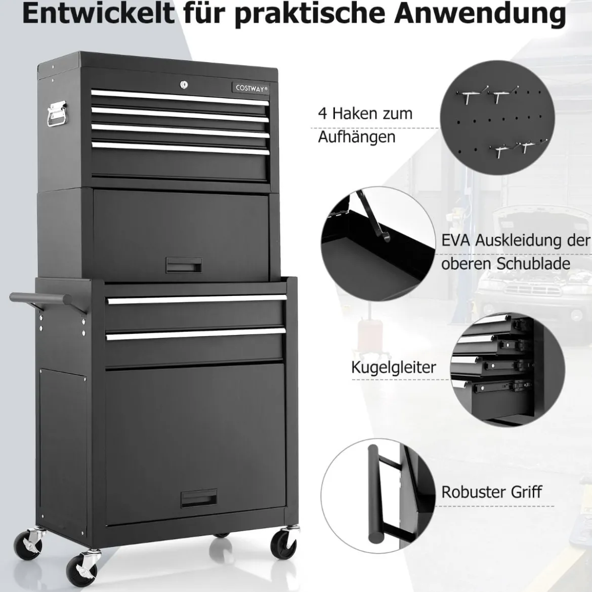 2 in 1 Werkstattwagen mit Koffer & 9 Fächer & Haken Abschließbare Werkzeugwagen auf Rädern Schwarz