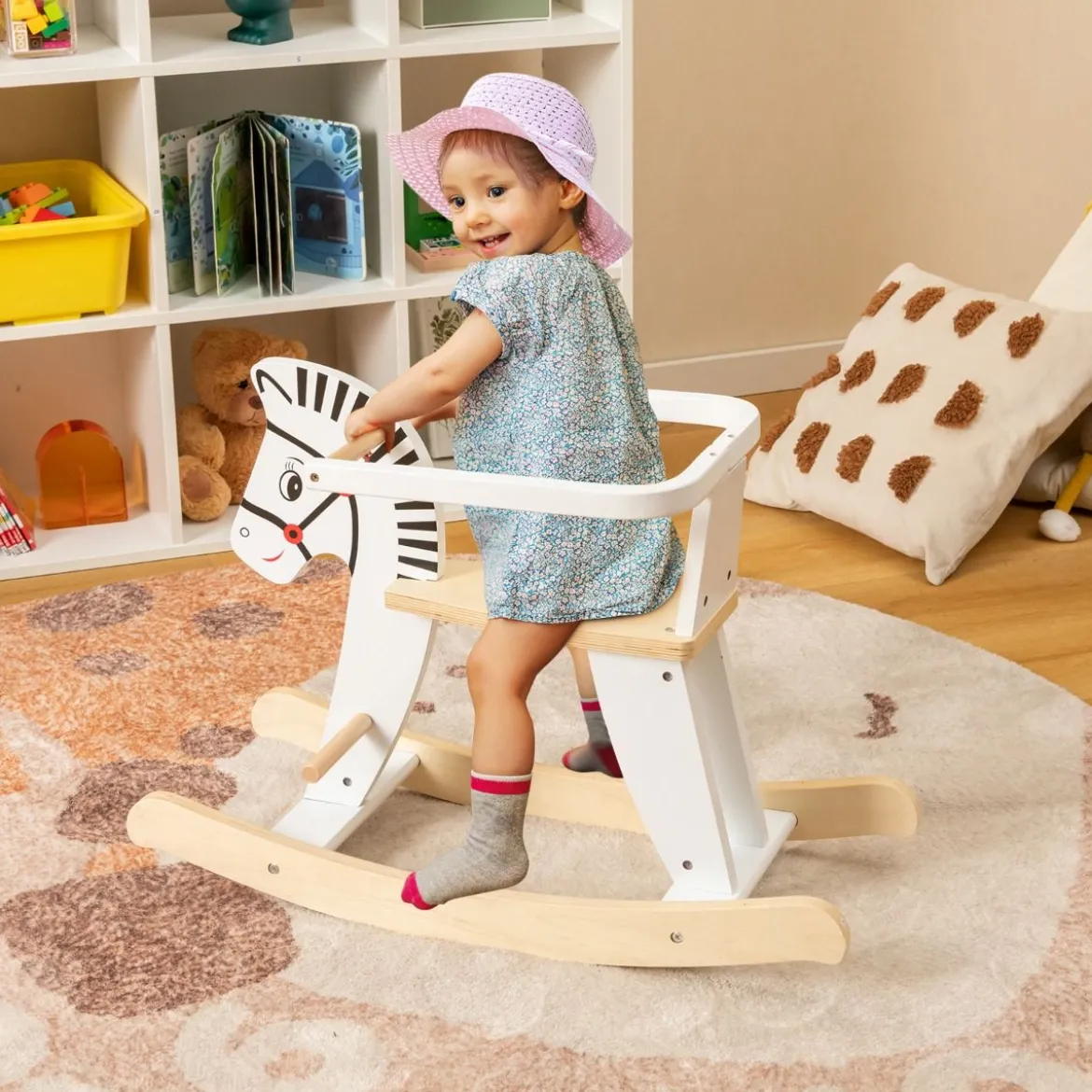 2 in 1 Zebra Schaukelpferd aus Holz mit abnehmbaren Zäunen & Rückenlehne Weiß