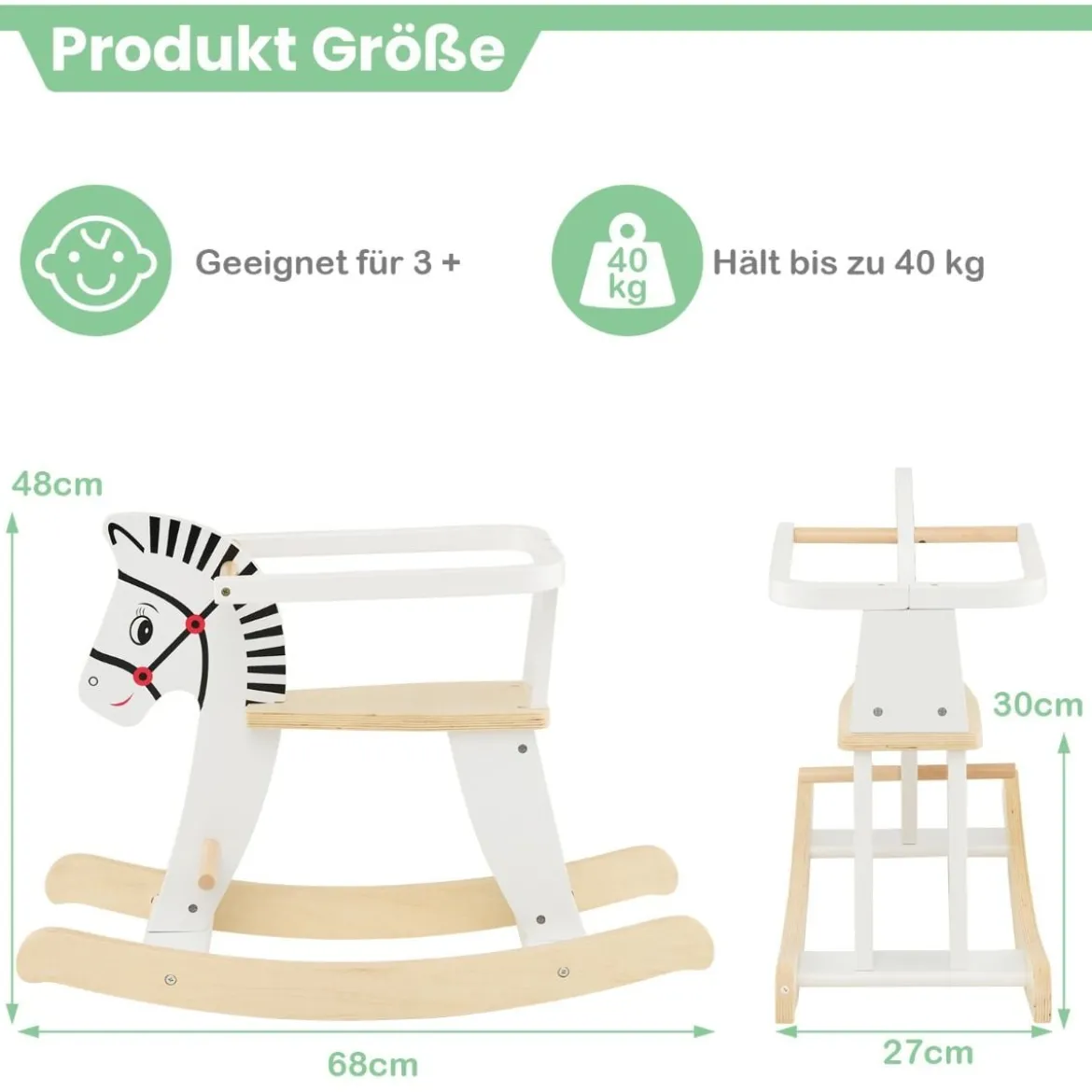 2 in 1 Zebra Schaukelpferd aus Holz mit abnehmbaren Zäunen & Rückenlehne Weiß