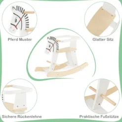 2 in 1 Zebra Schaukelpferd aus Holz mit abnehmbaren Zäunen & Rückenlehne Weiß