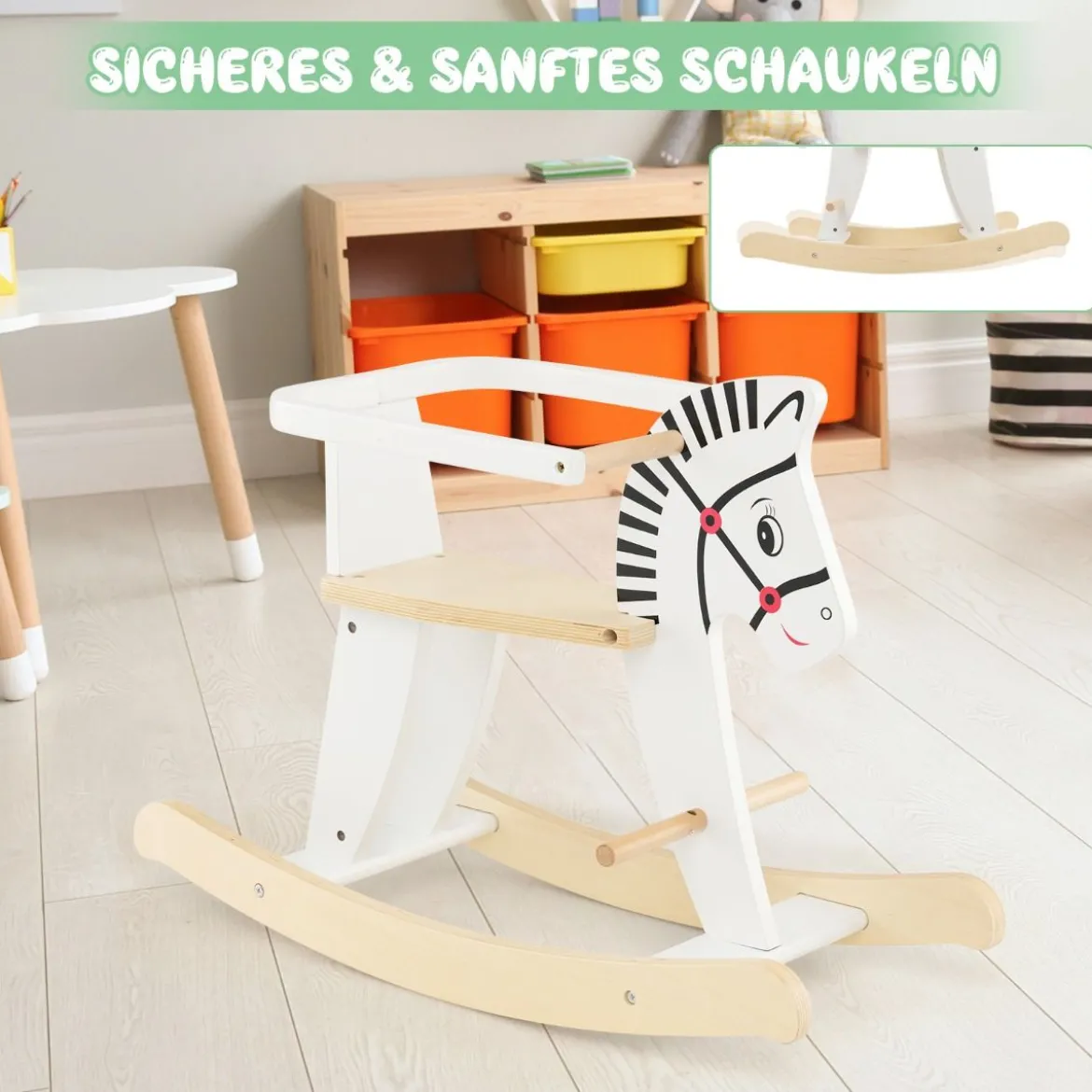 2 in 1 Zebra Schaukelpferd aus Holz mit abnehmbaren Zäunen & Rückenlehne Weiß