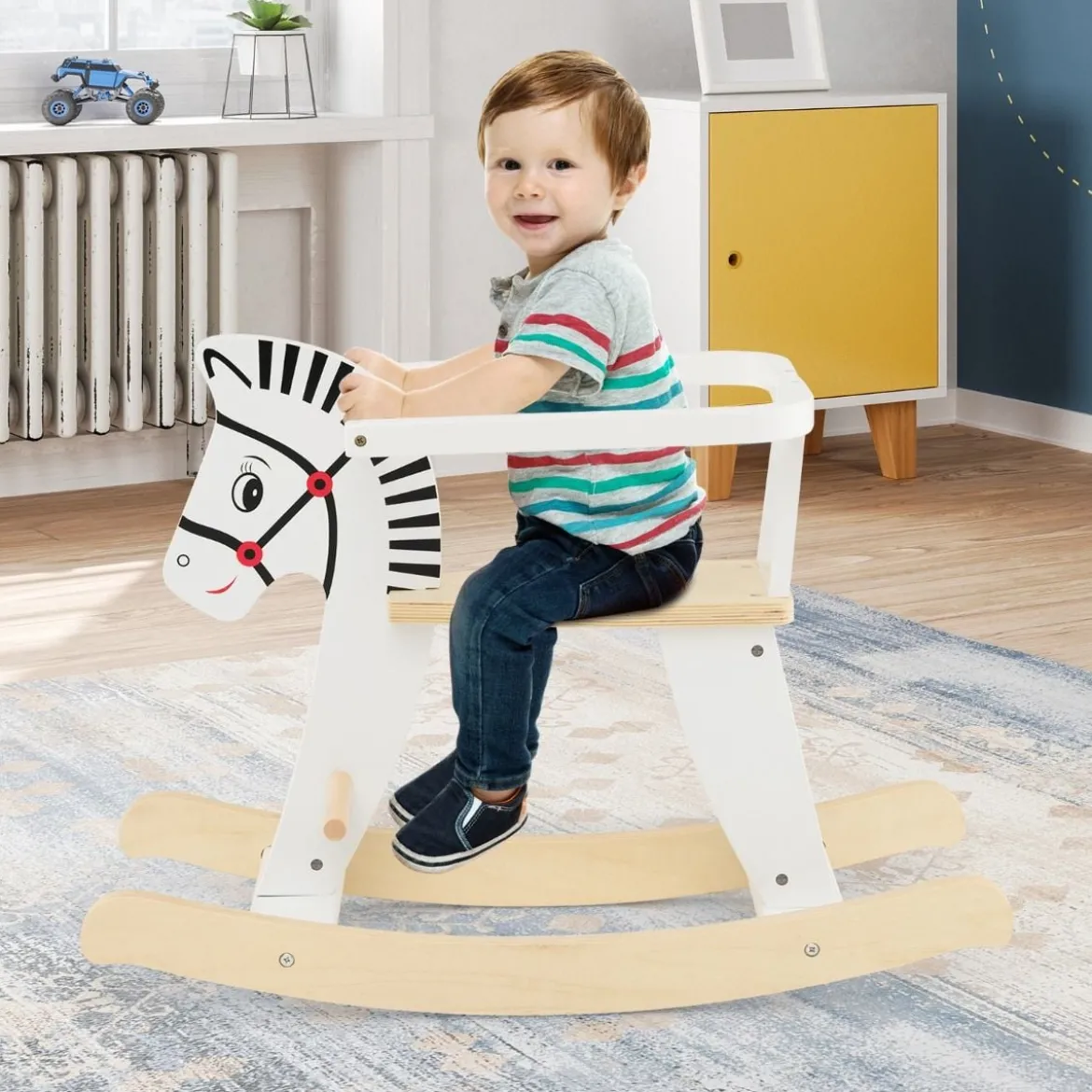 2 in 1 Zebra Schaukelpferd aus Holz mit abnehmbaren Zäunen & Rückenlehne Weiß