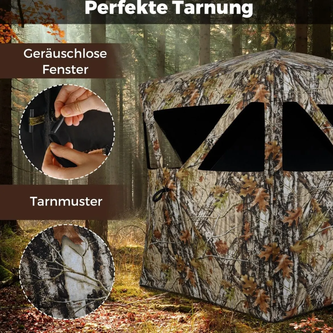 Jagdblind 2-Personen-Bodenzelt mit Geräuschlosen Schiebefenstern Tragbares Pop-up Camouflage Zelt