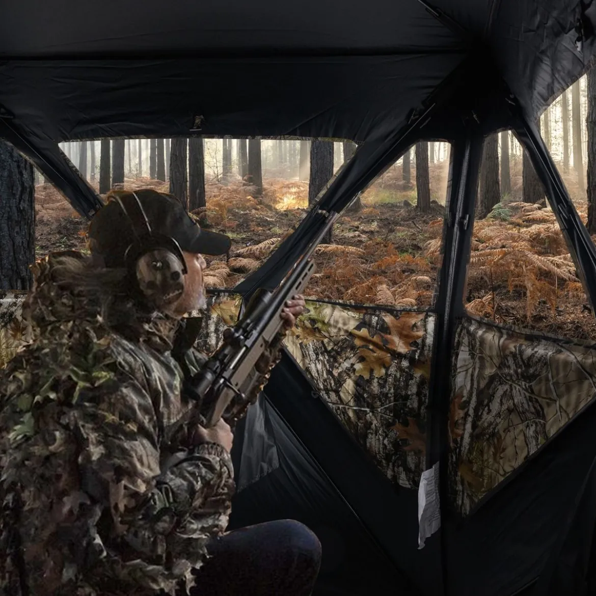 Jagdblind 2-Personen-Bodenzelt mit Geräuschlosen Schiebefenstern Tragbares Pop-up Camouflage Zelt