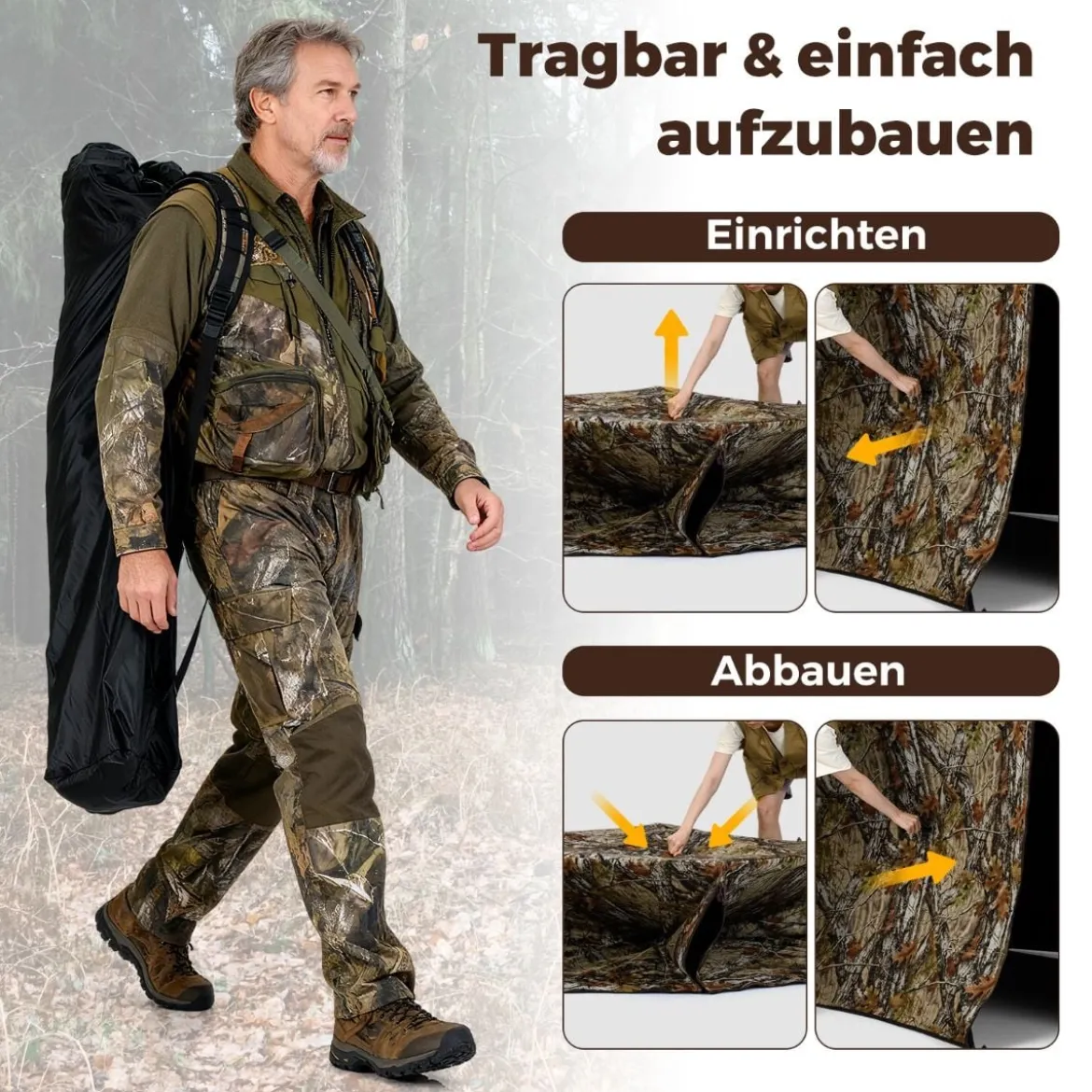 Jagdblind 2-Personen-Bodenzelt mit Geräuschlosen Schiebefenstern Tragbares Pop-up Camouflage Zelt
