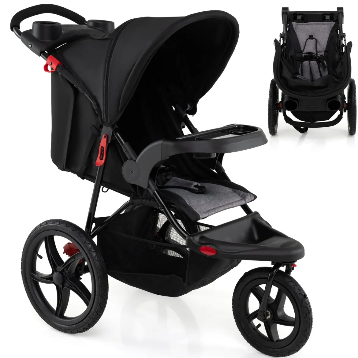 Jogging-Kinderwagen faltbarer Jogger mit verstellbarem Sonnendach neigbarem Sitz Schwarz