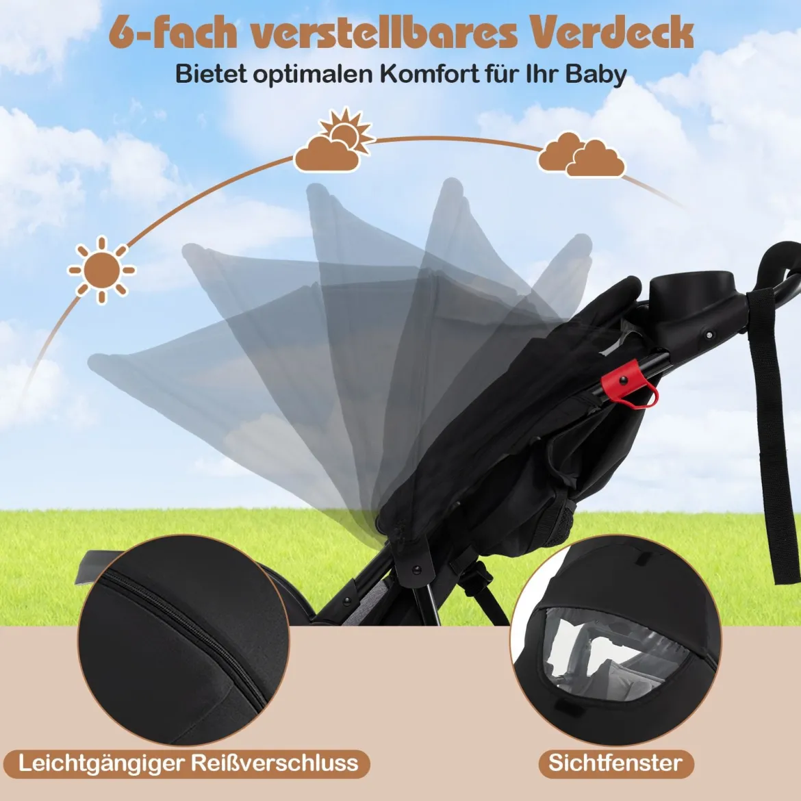 Jogging-Kinderwagen faltbarer Jogger mit verstellbarem Sonnendach neigbarem Sitz Schwarz