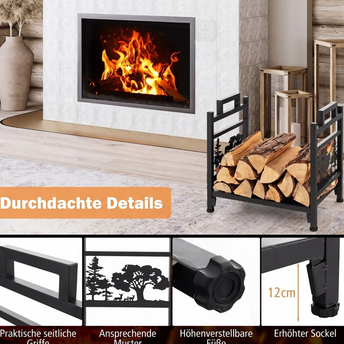 Kaminholzregal aus Metall bis zu 50 kg Tragbar für Innen- und Außenbereich 45 x 33 x 44 cm