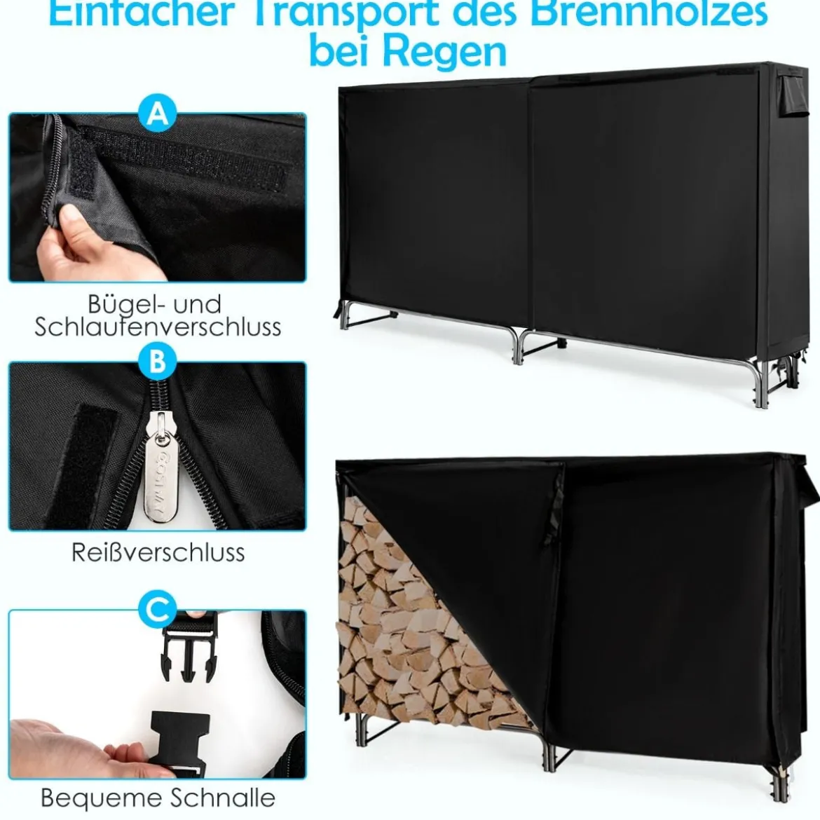 Kaminholzregal Aussen Metall 184 x 35,5 x 122,5 cm Brennholzregal mit wasserdichter Abdeckung