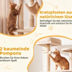 Katzenbaum 168 cm Mehrstöckiger Kratzbaum mit Katzhaus & Sisalpfosten für 2-3 Katzen Beige