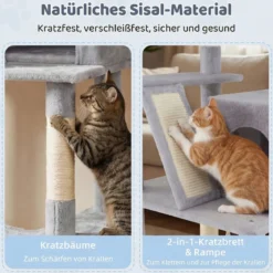 Katzenbaum 158cm Mehrstöckig Mit Aussichtsplatz Höhle Hängematte Sisal Kratzpfosten Kletterstand Für Kätzchen Hellgrau