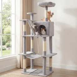 Katzenbaum 158cm Mehrstöckig Mit Aussichtsplatz Höhle Hängematte Sisal Kratzpfosten Kletterstand Für Kätzchen Hellgrau