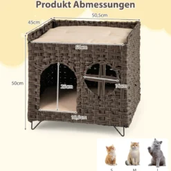 Katzenhaus aus PE-Rattan Klappbar 2 Etagen Katzenbett mit großer Sitzstange abnehmbaren Kissen 50,5 x 45 x 50 cm