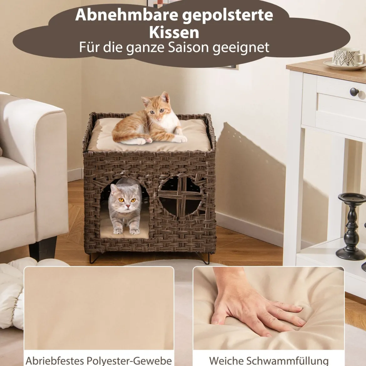 Katzenhaus aus PE-Rattan Klappbar 2 Etagen Katzenbett mit großer Sitzstange abnehmbaren Kissen 50,5 x 45 x 50 cm