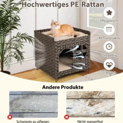 Katzenhaus aus PE-Rattan Klappbar 2 Etagen Katzenbett mit großer Sitzstange abnehmbaren Kissen 50,5 x 45 x 50 cm
